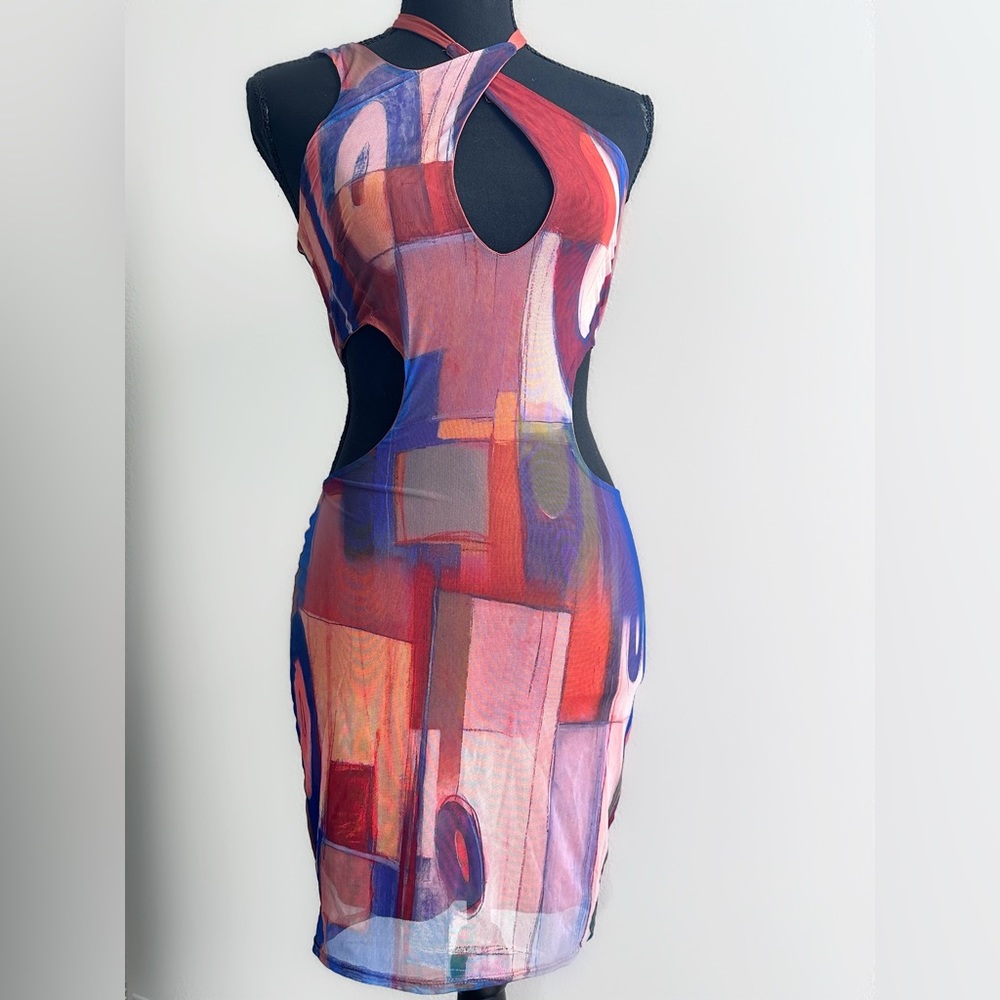 cut out mini dress size Small multi color cute date night NWT